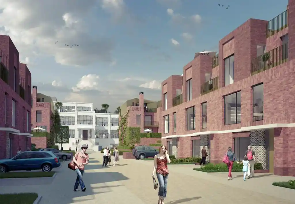 Architectural visualisation of a mixed-use commercial and residential project with people walking in the street