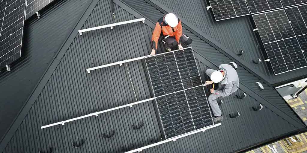 Engineers installing solar panels on a roof as part of sustainable mechanical engineering solutions