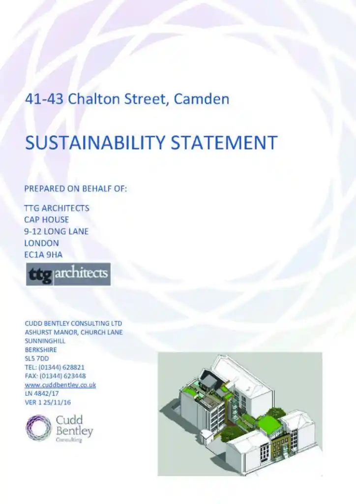 Cover page of Sustainability Statement for 41-43 Chalton Street Camden prepared by TTG Architects and Cudd Bentley Consulting