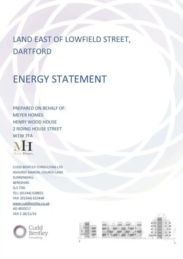 Cover page of Energy Feasibility Report titled "Land East of Lowfield Street, Dartford," prepared for Meyer Homes by Cudd Bentley Consulting Ltd, featuring company contact details and architectural building elevations, designed for UK energy planning and sustainability assessment.