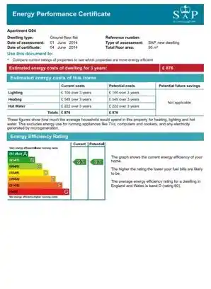 Sample Energy Performance Certificate showing estimated energy costs and efficiency rating for a UK ground-floor flat
