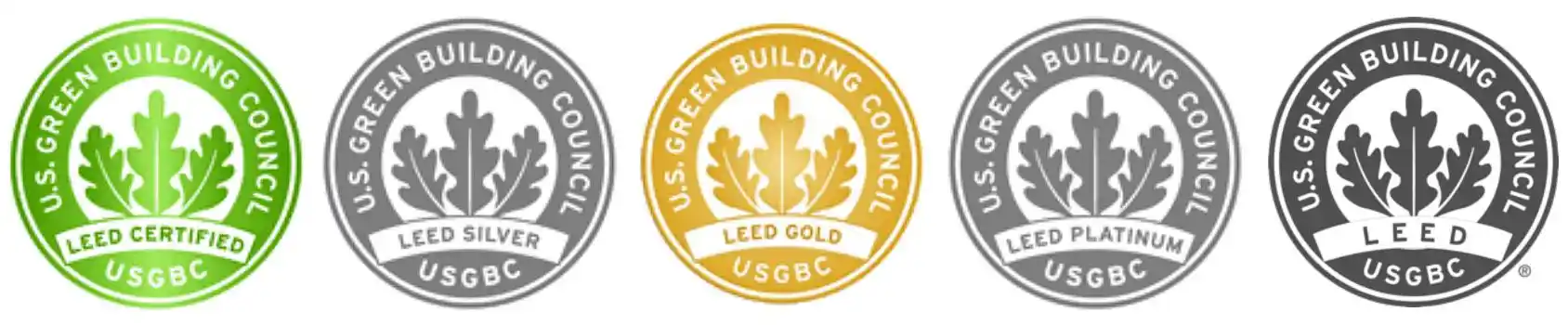 Series of LEED certification seals representing different levels of sustainable building standards by USGBC