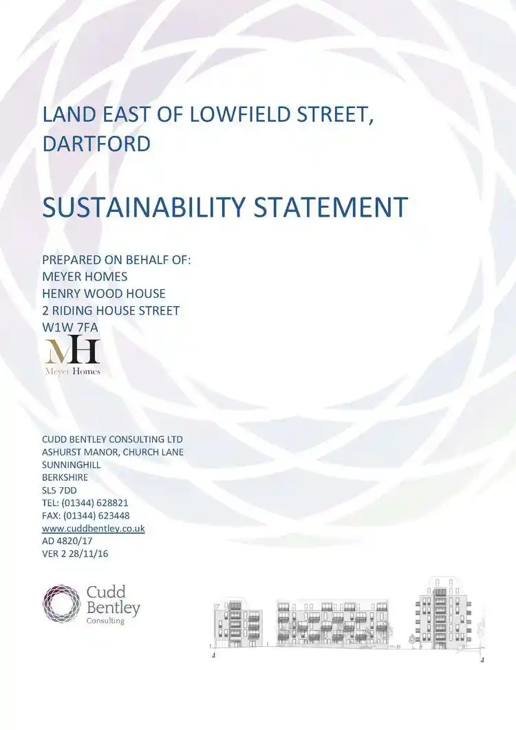 Cover page of Sustainability Statement for land east of Lowfield Street Dartford, prepared by Meyer Homes and Cudd Bentley Consulting