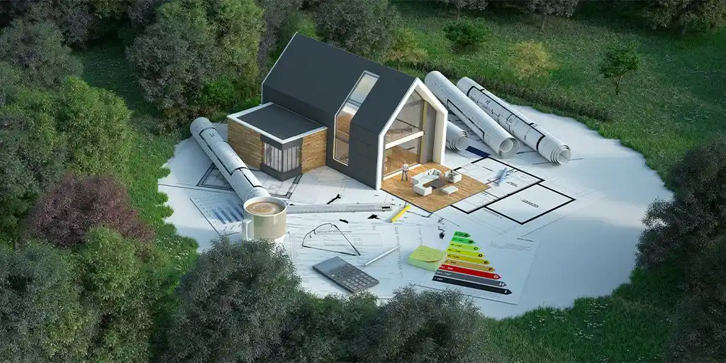Residential energy modelling visualisation including house design, energy efficiency graph, and building plans