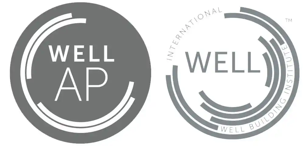 WELL AP and WELL Building Institute certification logos representing health and wellness standards in buildings