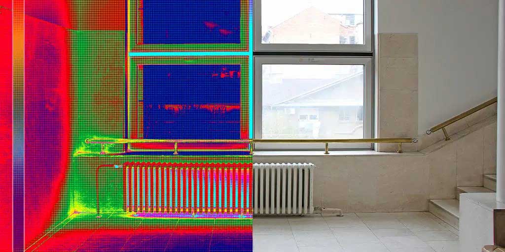 Thermal modelling comparison showing heat loss and energy efficiency in a building interior